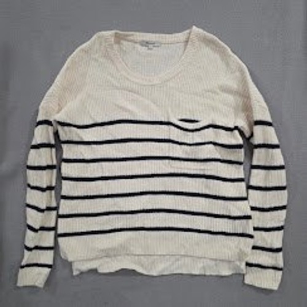 Madewell Striped Crewneck Sweater Small Cream Navy Blue Ribbed Knit Pocket Top